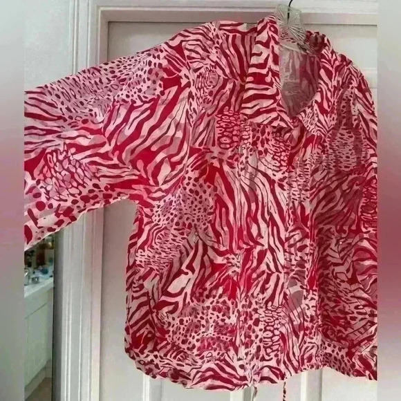 Chico's Sheer Structured Bomber, Mesh Tiger Print Pink/White Zip Snap Front Sz 3 - Picture 7 of 10